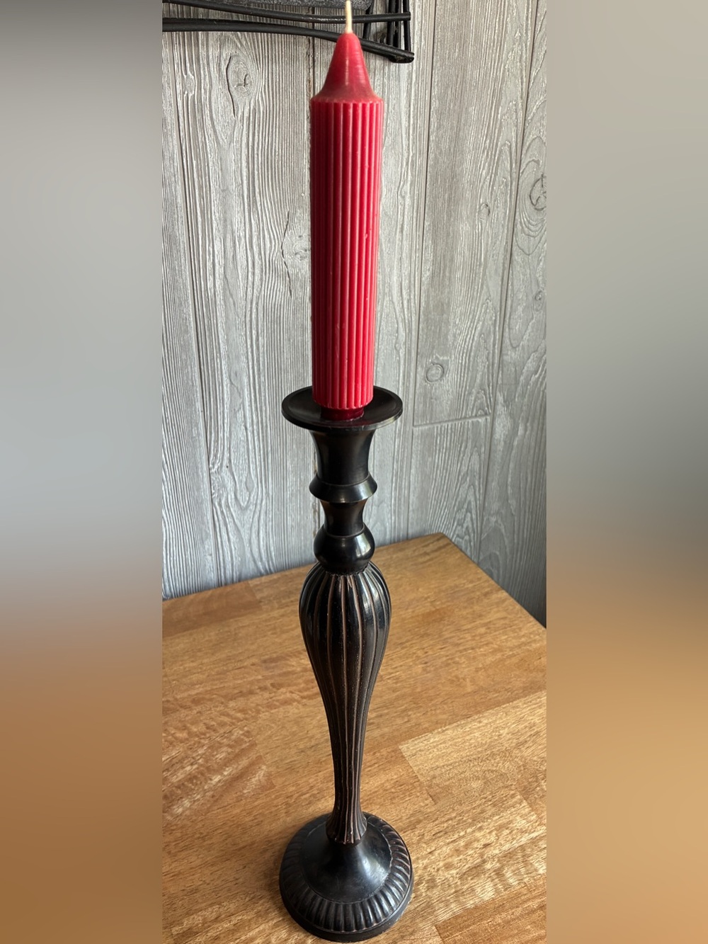 Vintage like Red Taper Candle with Black Metal Candlestick   Very heavy